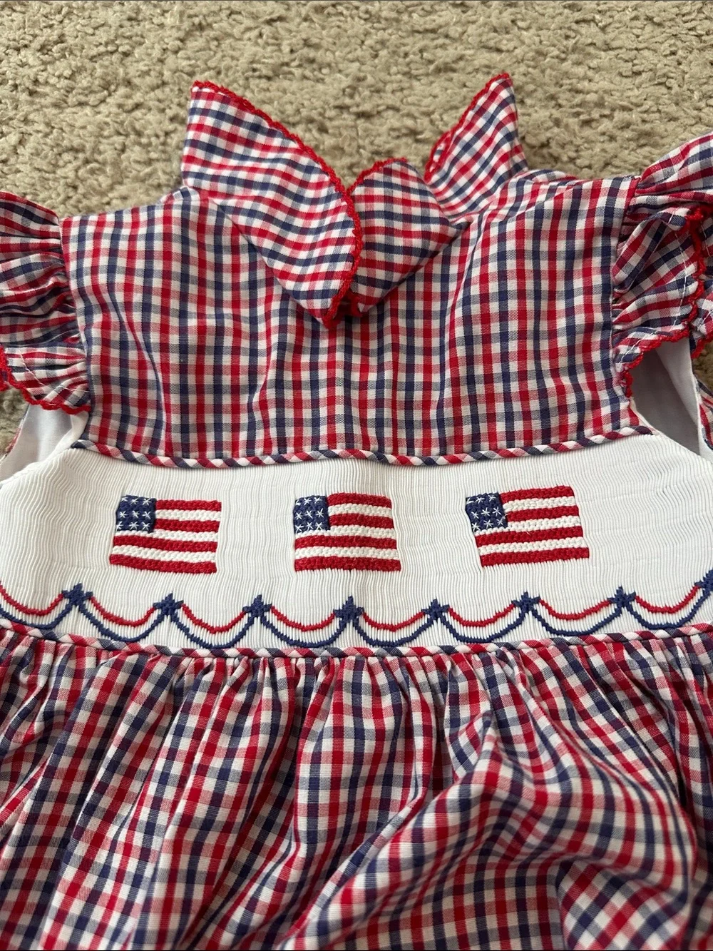 Red, White & Blue Gingham Smocked Baby Dress with smocked American flags